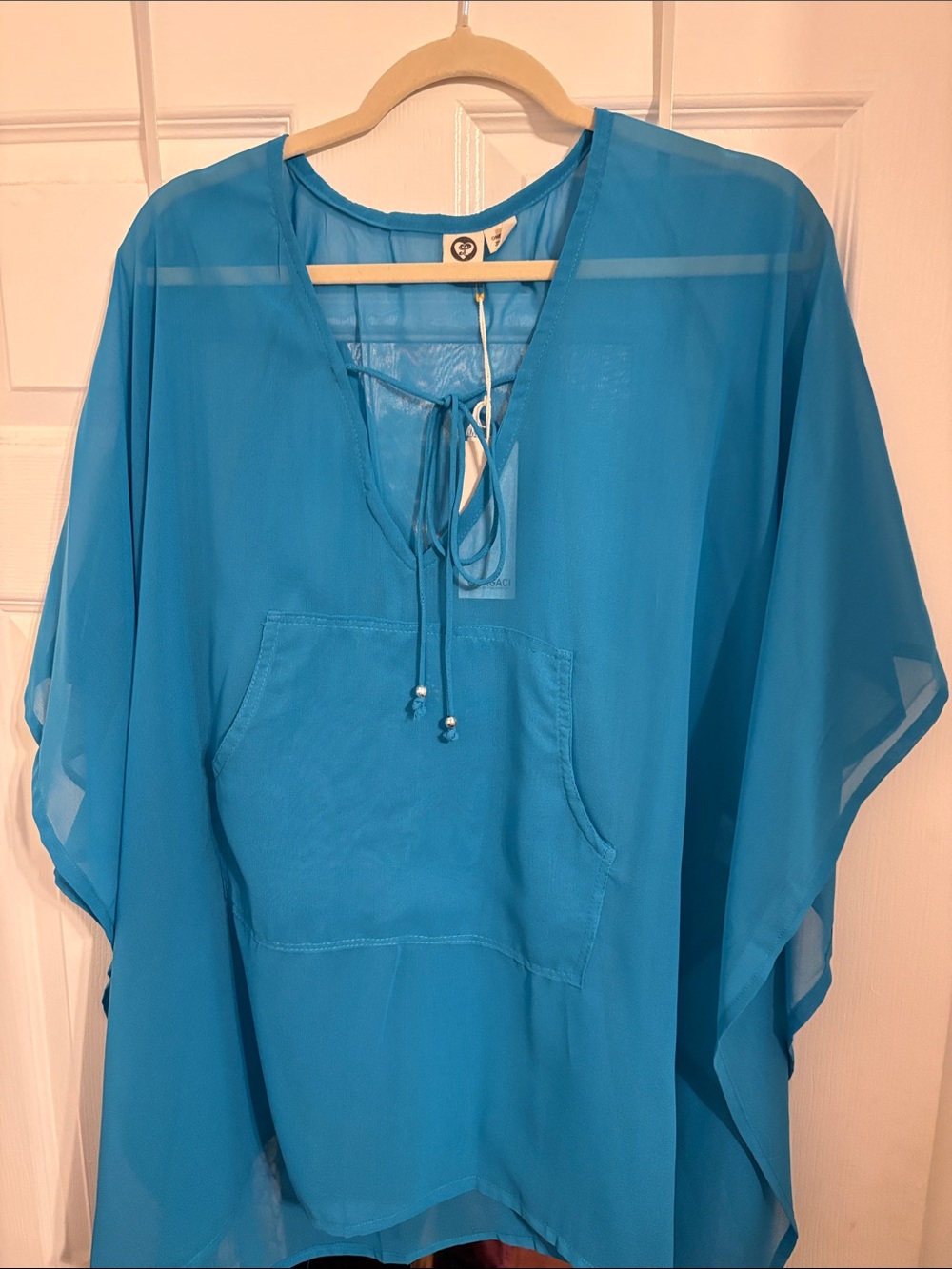 Lagaci Bright Turquoise Sheer Swim Coverup with Tie Neck